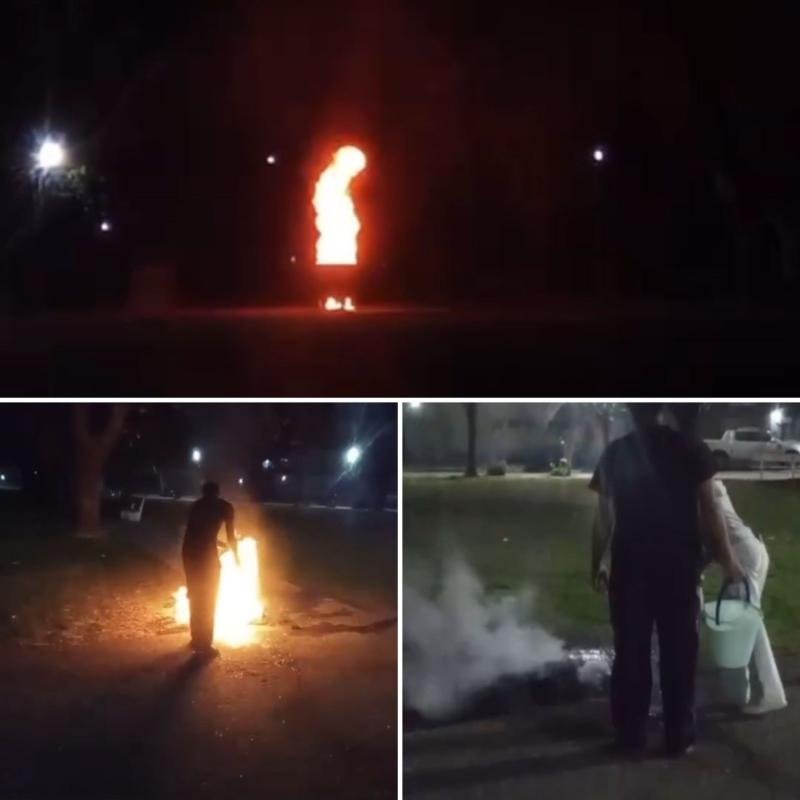 Se prendió fuego un tacho de basura de una plaza: Lo apagaron a baldazos